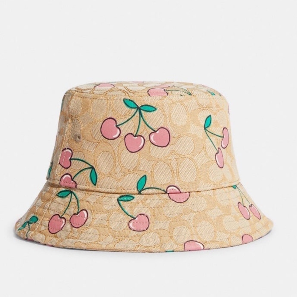 Coach Beige Cherry Print Bucket Hat with Pink & Green Accents